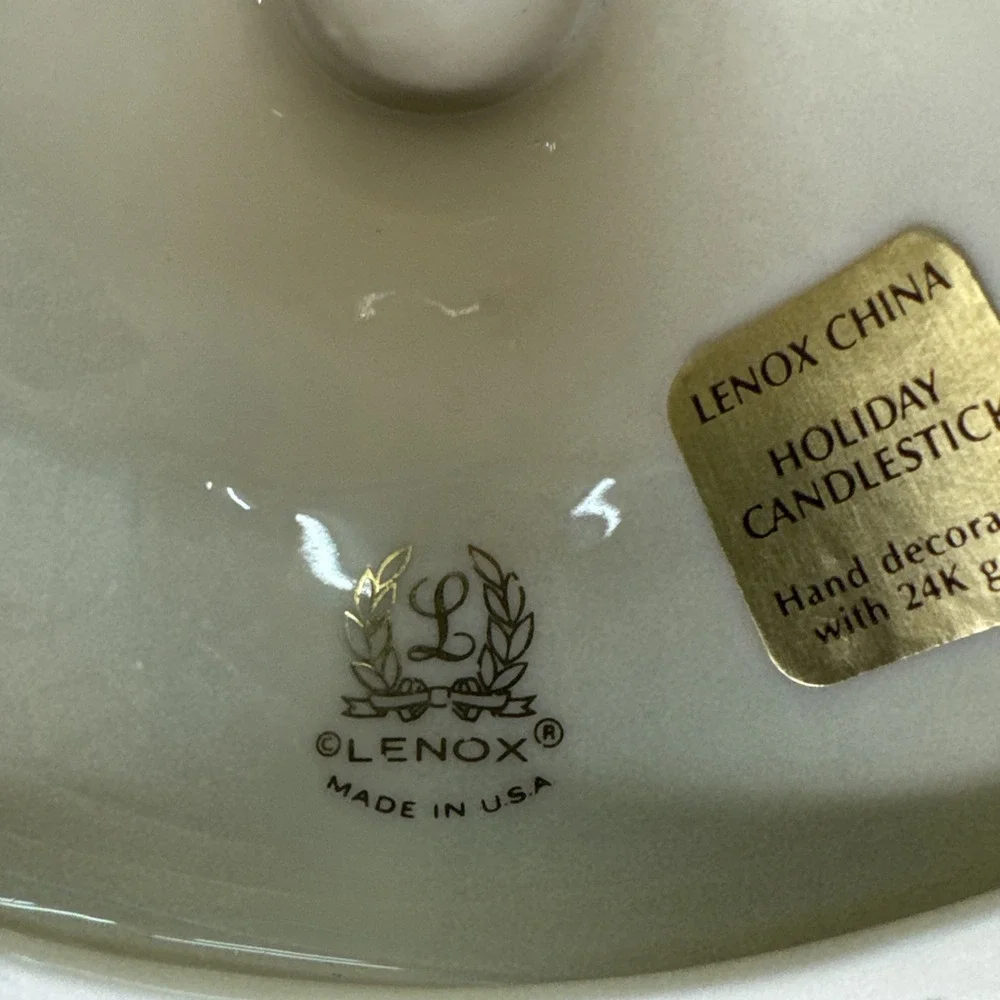 Lenox Holiday Dimension Candlestick Holders Pair Holly Berry 24k Gold Trim